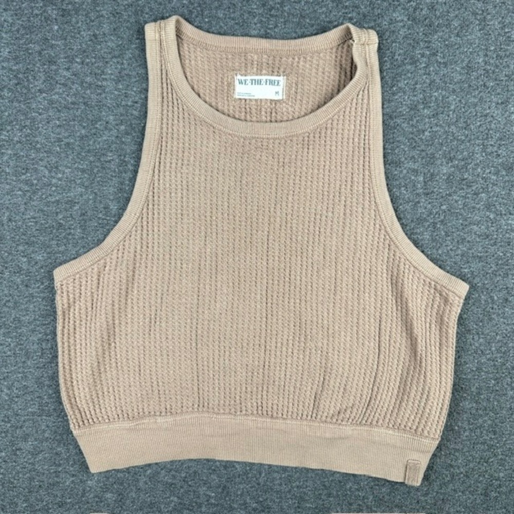 We The Free Free People Tan Waffle Knit Crop Tank Top Medium Exposed Seams